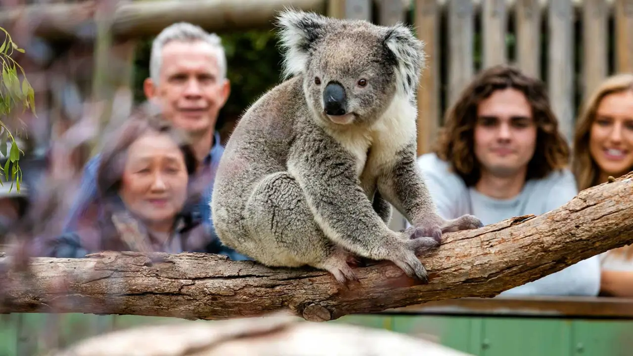 Tourists looking at a koala bear in a tree branch at the Moonlit Sanctuary: a good alternative site for kangaroo island. 