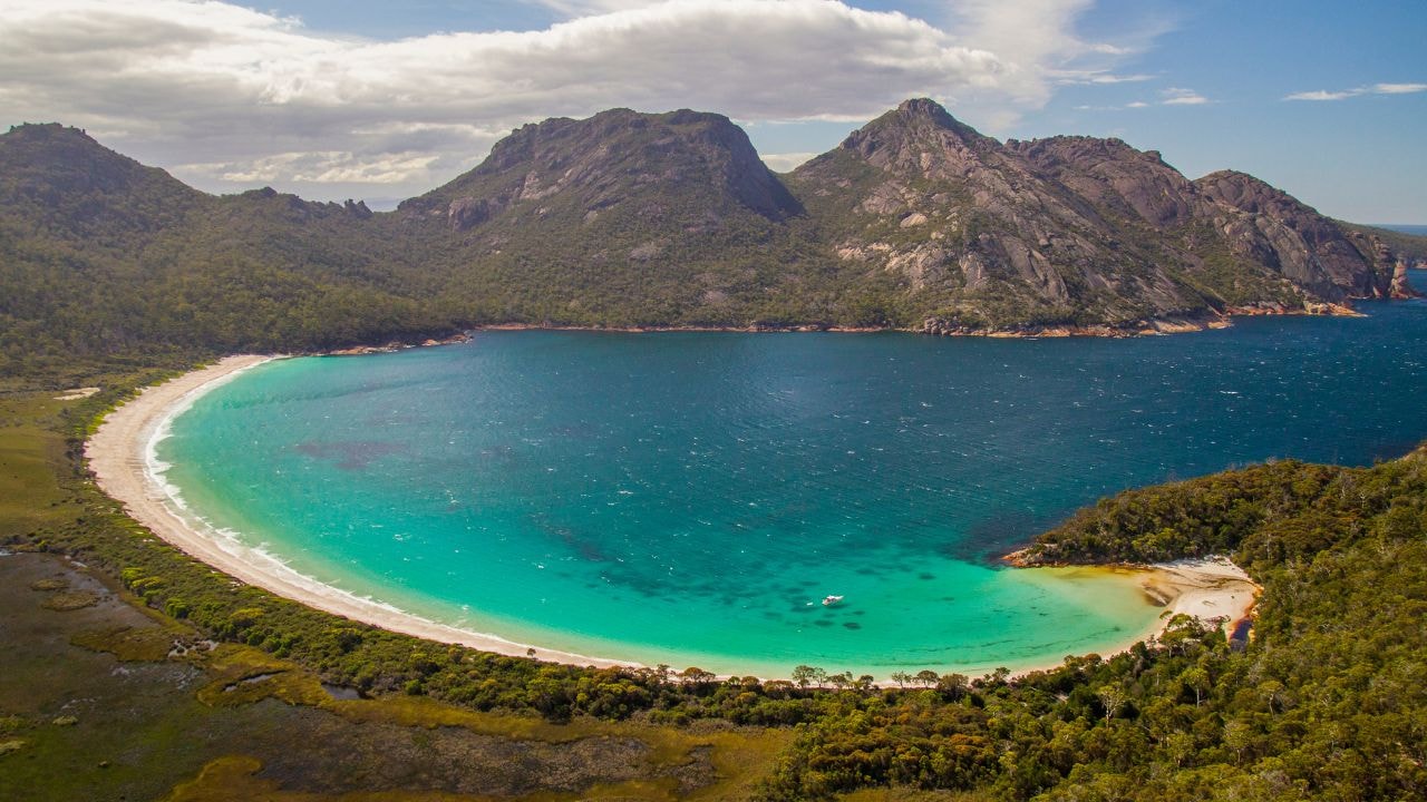 Aerial shot showing the majestic view of Wineglass Bay